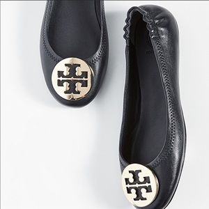 Tory Burch Minnie Black and Silver Flats